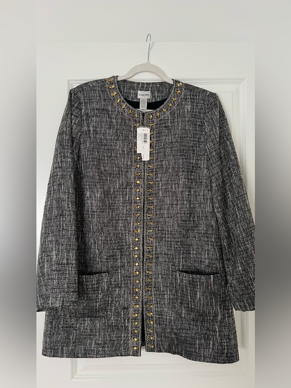 Chico's Black & White Tweed Jacket with Gold Stud Trim